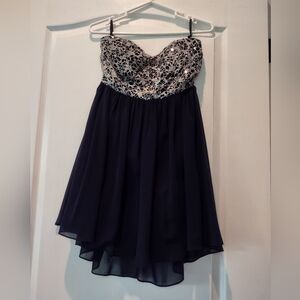 Gianni Bini GB Strapless Mini Dress Navy Blue with Silver Sequined Bodice Size M